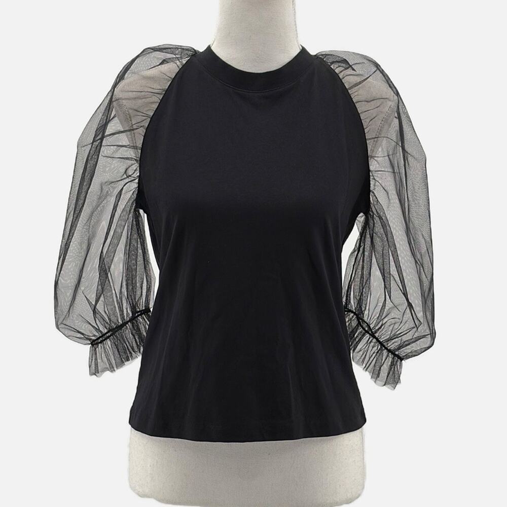 MSGM Tulle Puff Sleeve Cotton T Shirt in Black - NEW - Size Small